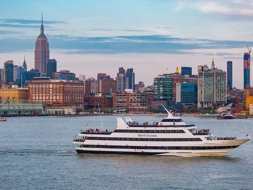 a harbor cruise ship on the water with people on the deck