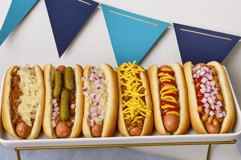 Tray of assorted hot dogs with colorful toppings under blue party bunting