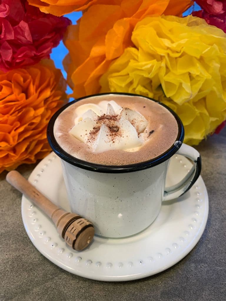 Mug of hot chocolate with whipped cream beside bright paper flowers.
