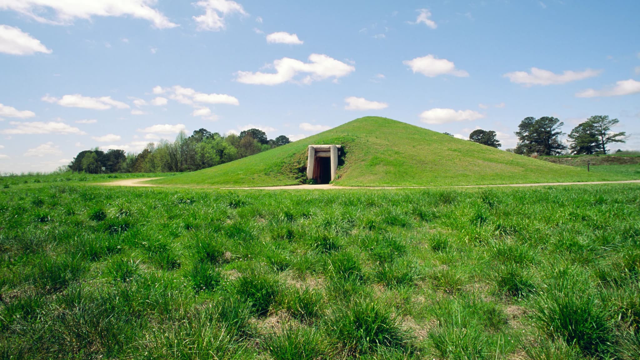 A large grassy mound with a concrete entrance at Ocmulgee Mounds National Historical Park under a blue sky with fluffy white clouds.
