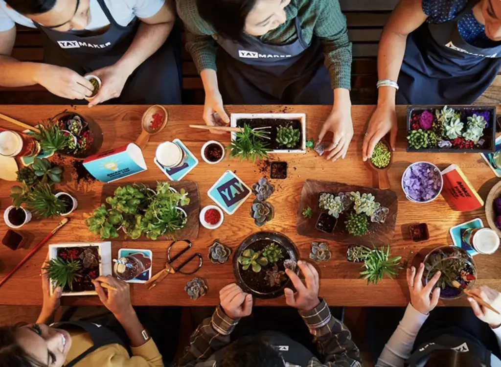 a top view of a table with people planting succulants in pots