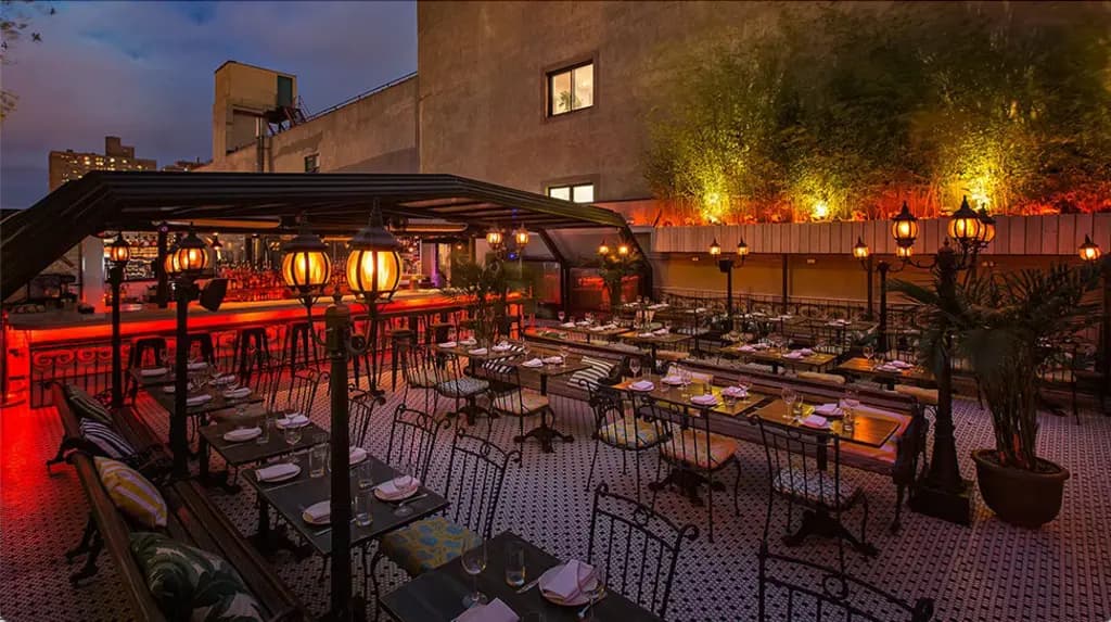roof top bar with seating and view of the city